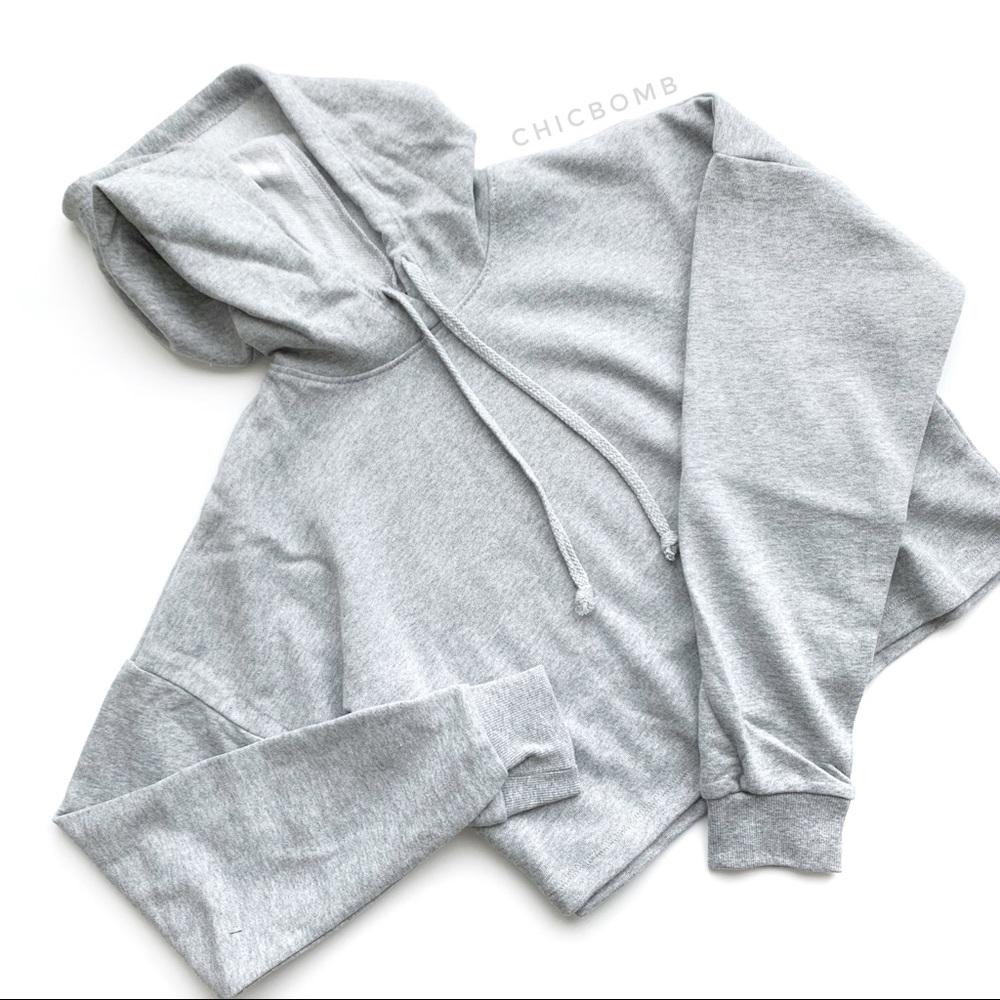 FLEECE CROP HOODIE PULLOVER - LIGHT GRAY